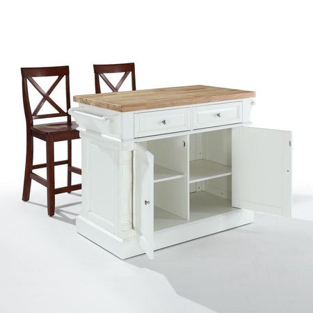 Oxford Kitchen Island W/X-Back Stools White - Kitchen Island, 2 Counter Height Bar Stools - Drakoi Marketplace