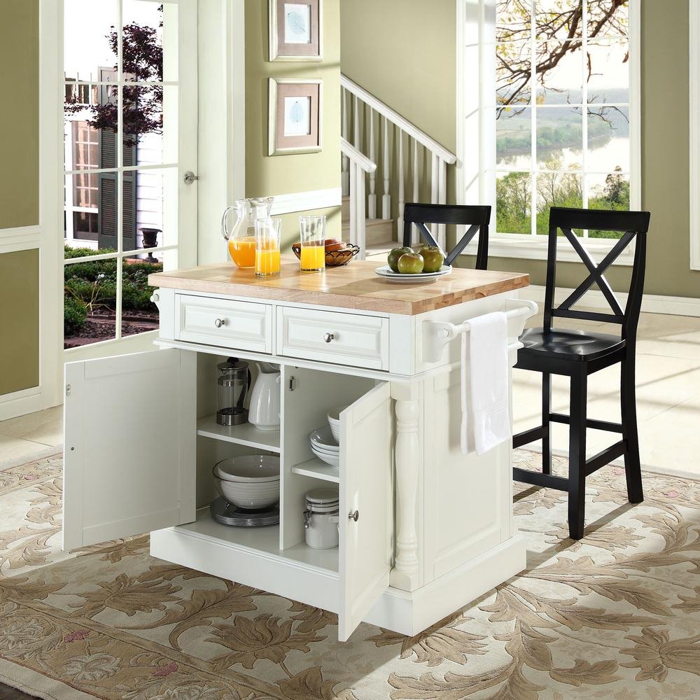 Oxford Kitchen Island W/X-Back Stools White - Kitchen Island, 2 Counter Height Bar Stools - Drakoi Marketplace