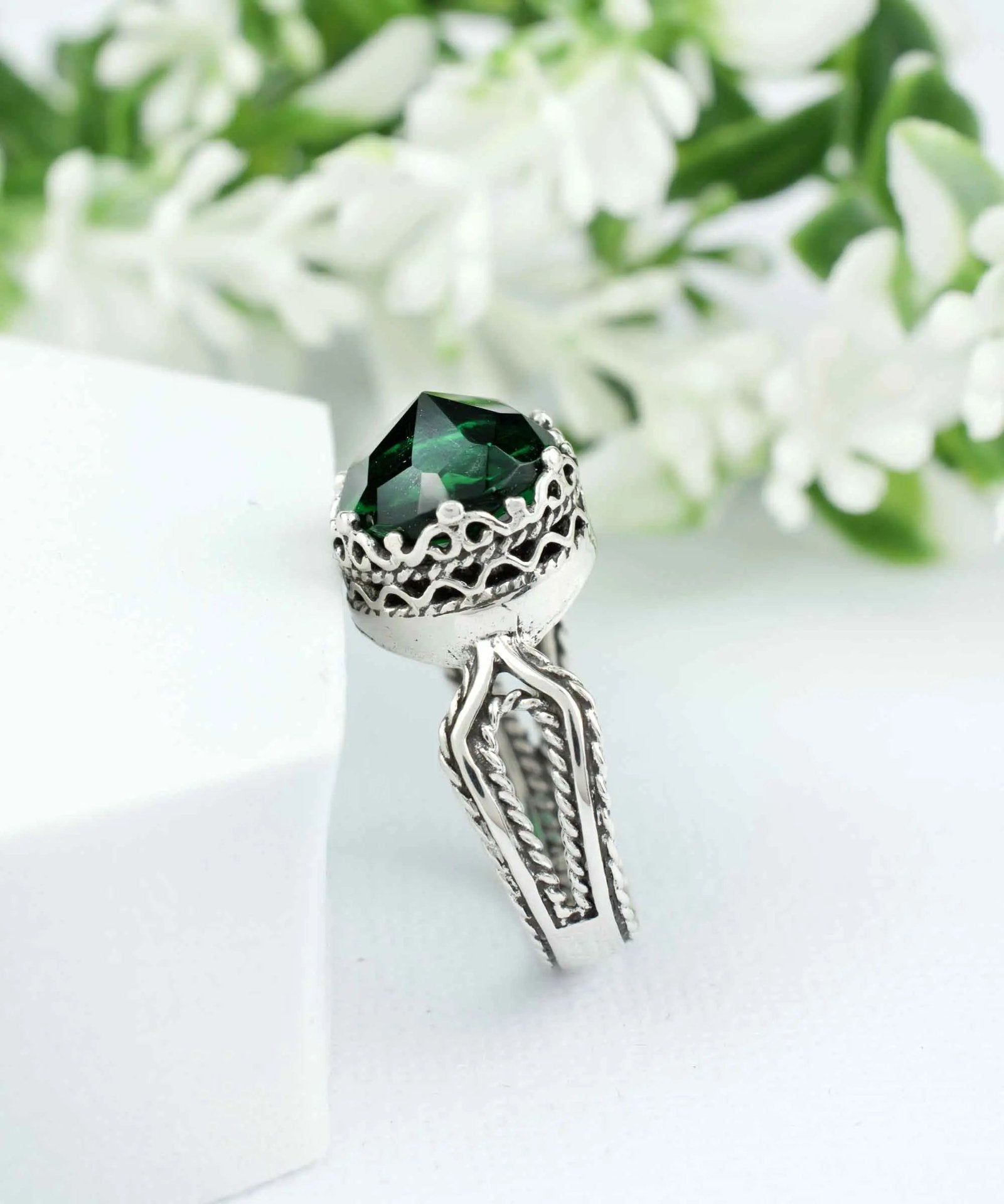 Peridot Gemstone Filigree Art Women Sterling Silver Cocktail Ring - Drakoi Marketplace