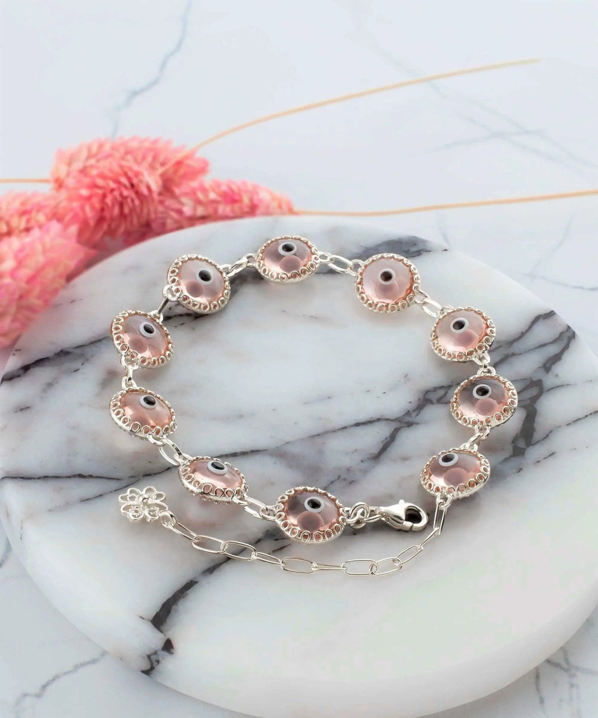 Pink Evil Eye Sterling Silver Woman Adjustable Link Bracelet - Drakoi Marketplace