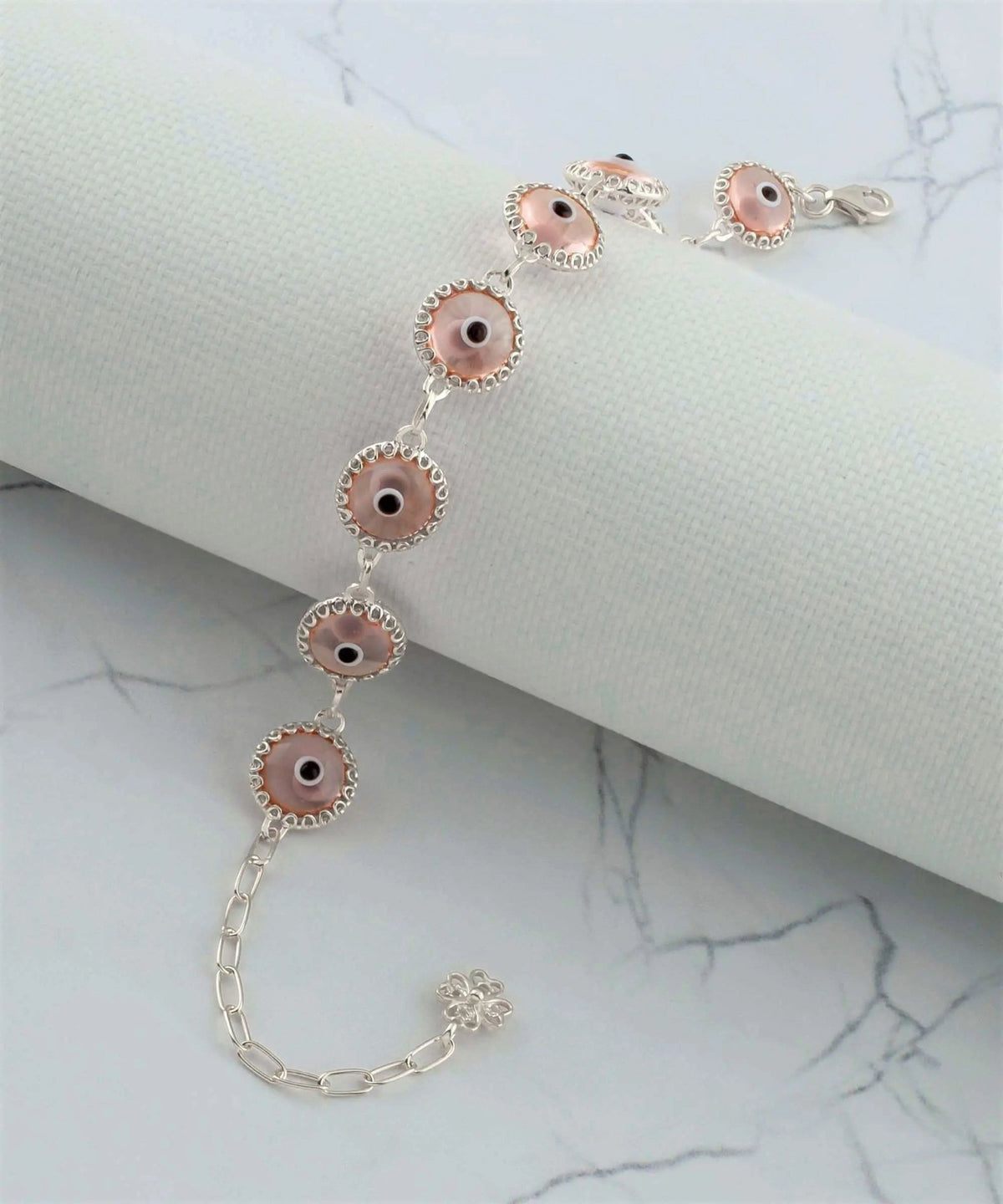 Pink Evil Eye Sterling Silver Woman Adjustable Link Bracelet - Drakoi Marketplace