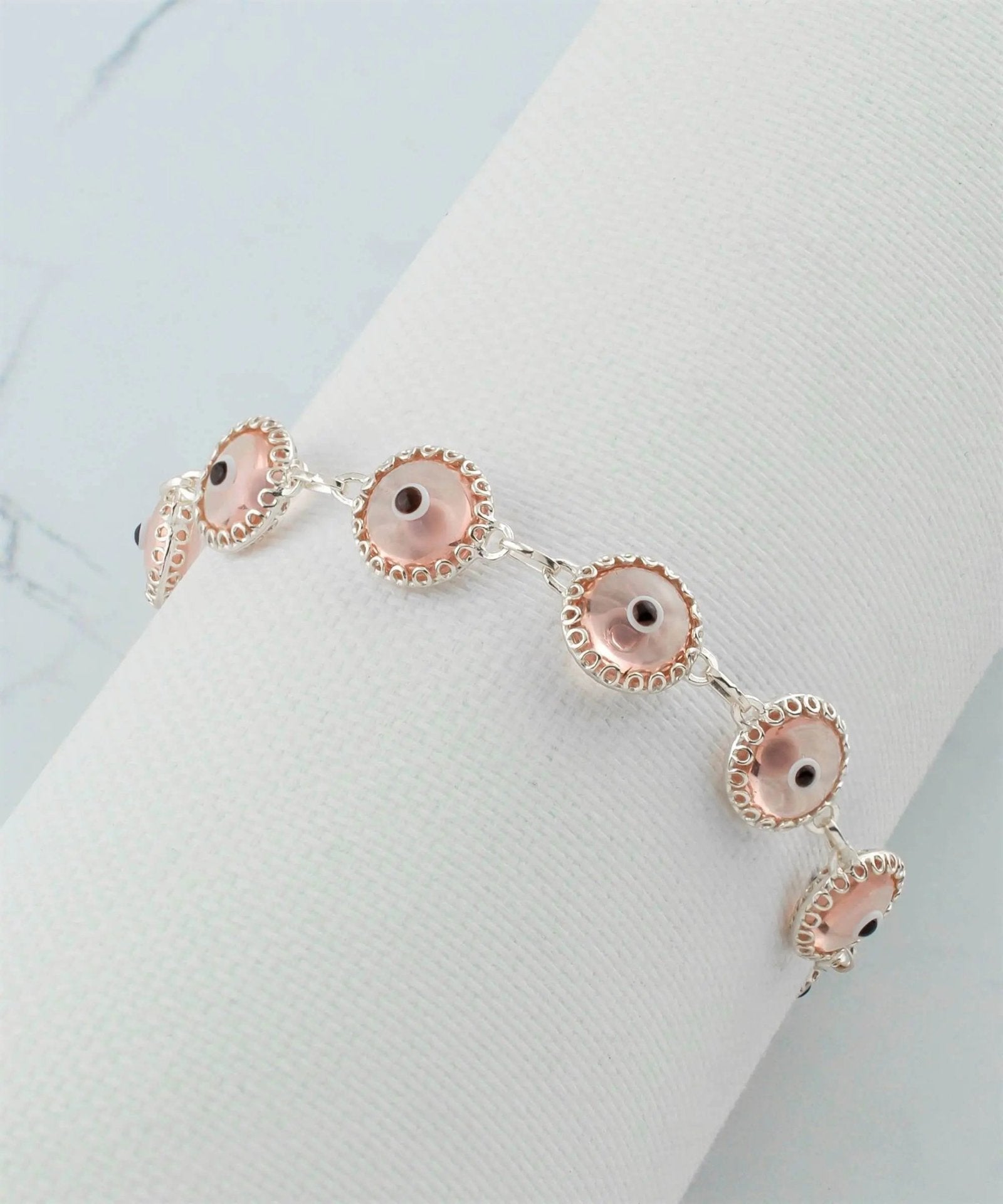 Pink Evil Eye Sterling Silver Woman Adjustable Link Bracelet - Drakoi Marketplace