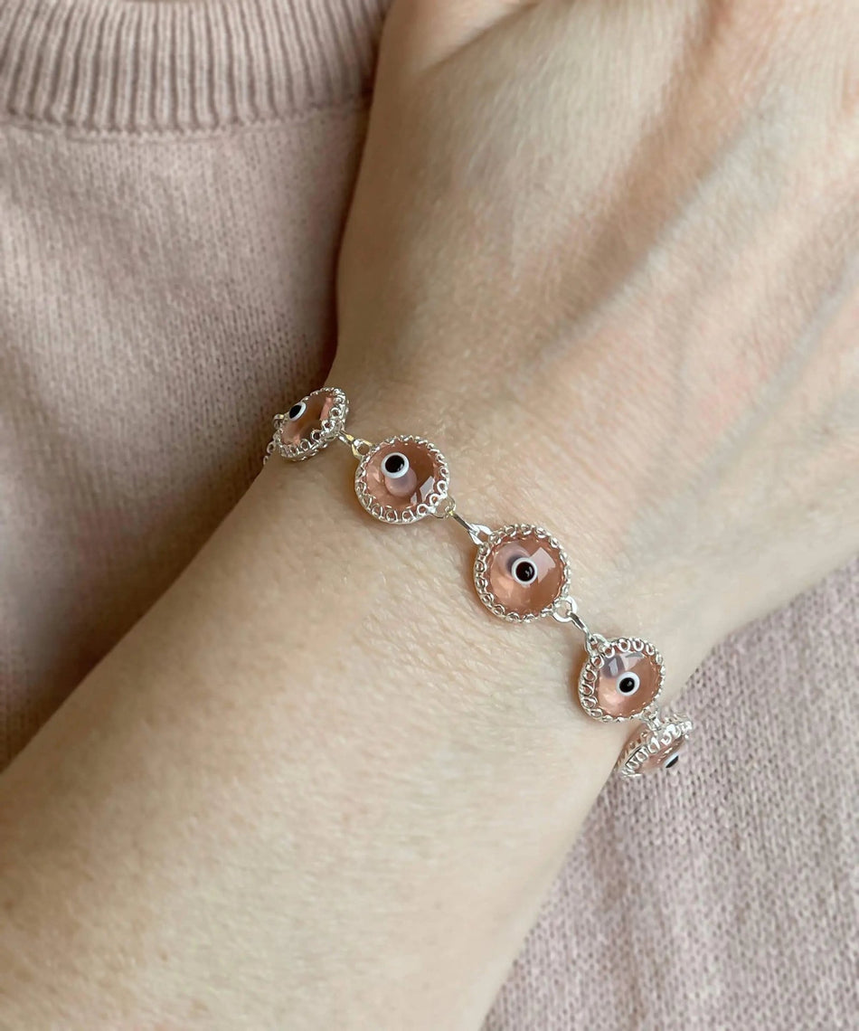 Pink Evil Eye Sterling Silver Woman Adjustable Link Bracelet - Drakoi Marketplace