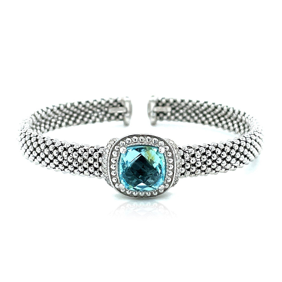 Popcorn Texture Cuff Bangle with Blue Topaz and Diamonds in Sterling Silver - Drakoi Marketplace