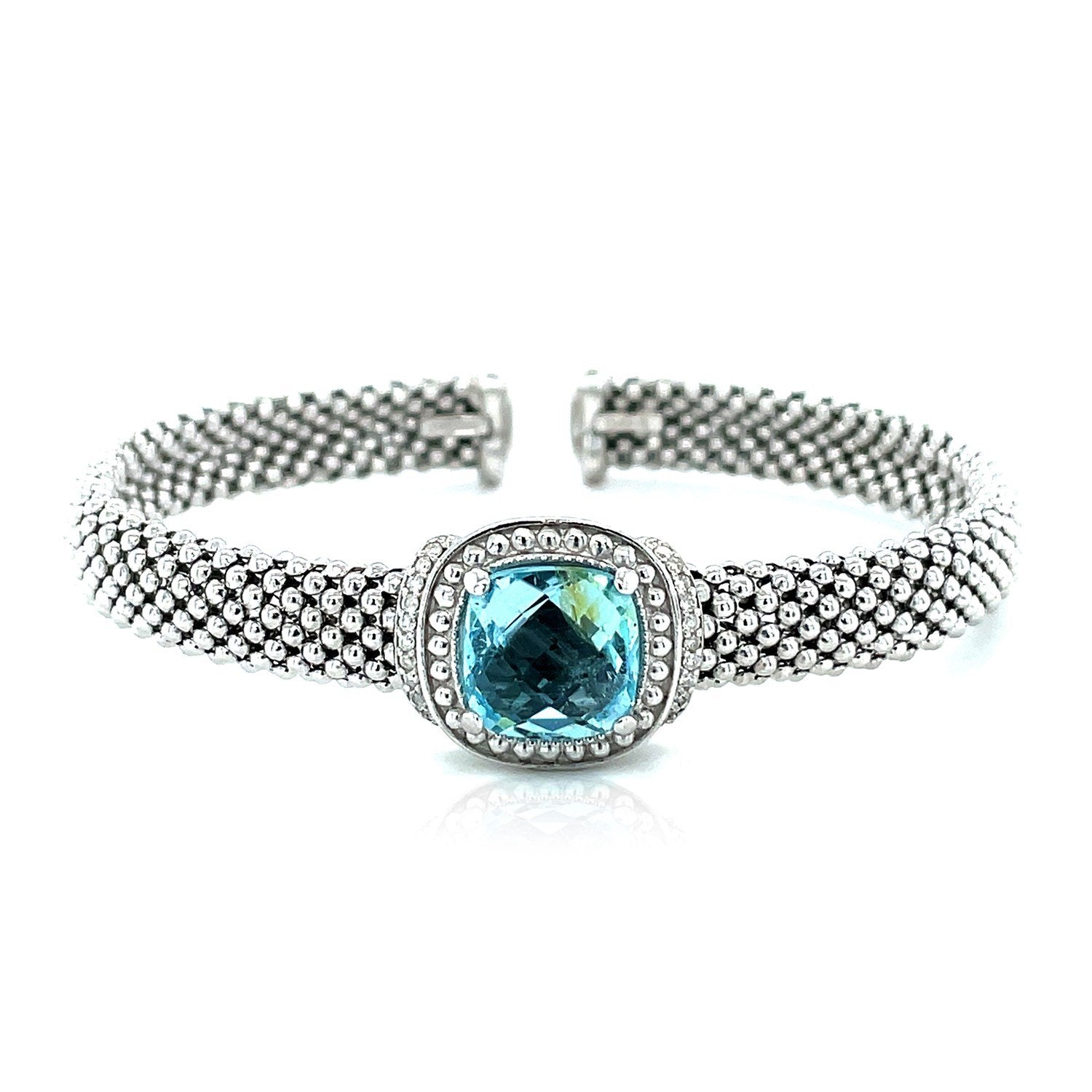 Popcorn Texture Cuff Bangle with Blue Topaz and Diamonds in Sterling Silver - Drakoi Marketplace