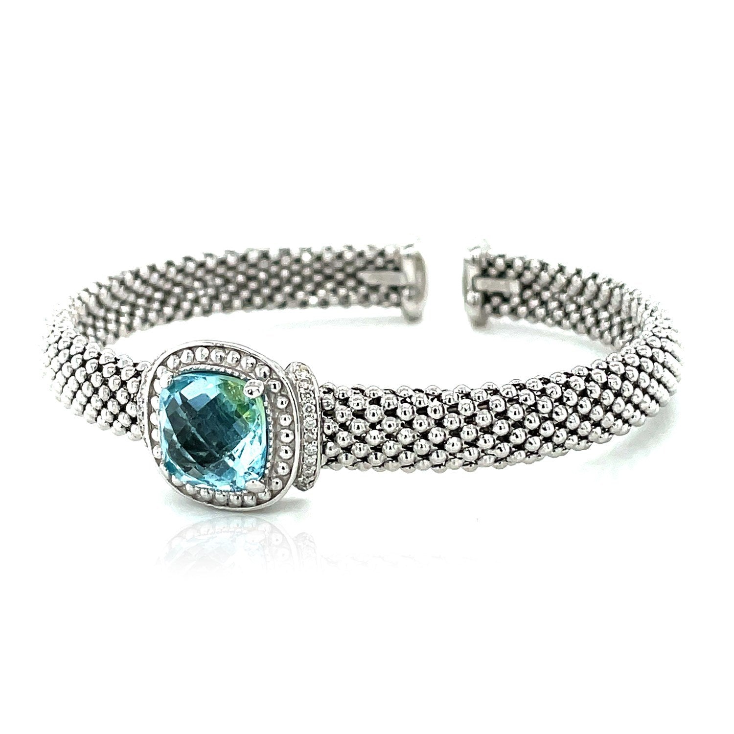 Popcorn Texture Cuff Bangle with Blue Topaz and Diamonds in Sterling Silver - Drakoi Marketplace