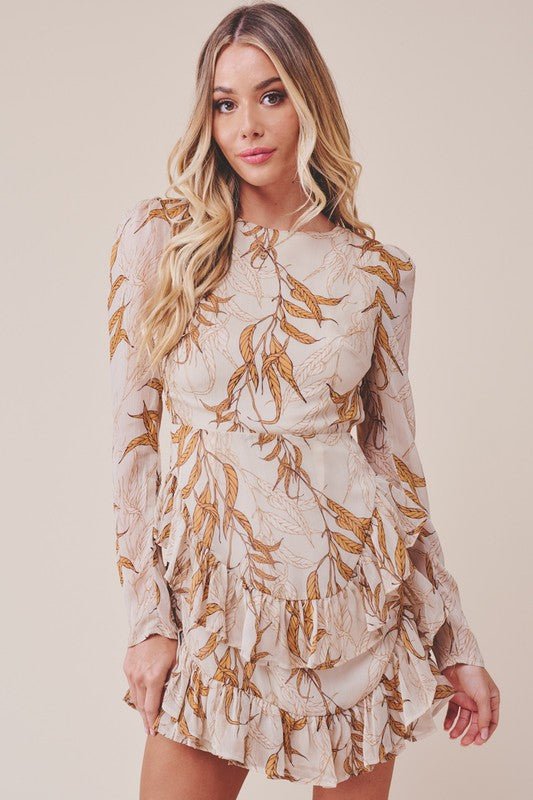 Printed Ruffle Long-Sleeved Tiered Mini Dress - Drakoi Marketplace