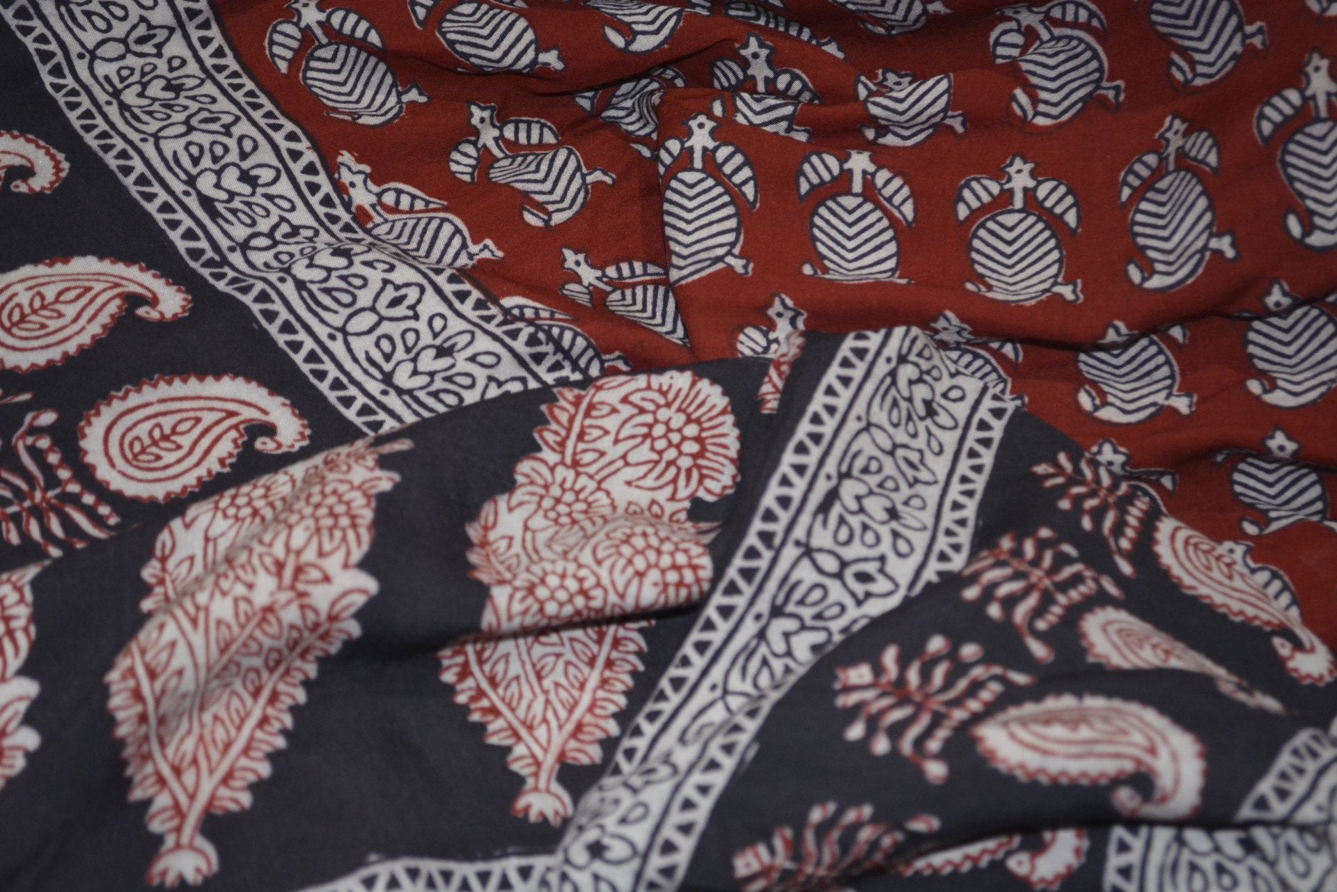 Red and Black Paisely Design Hand Block Printed Naturally Dyed Textiles - Drakoi Marketplace