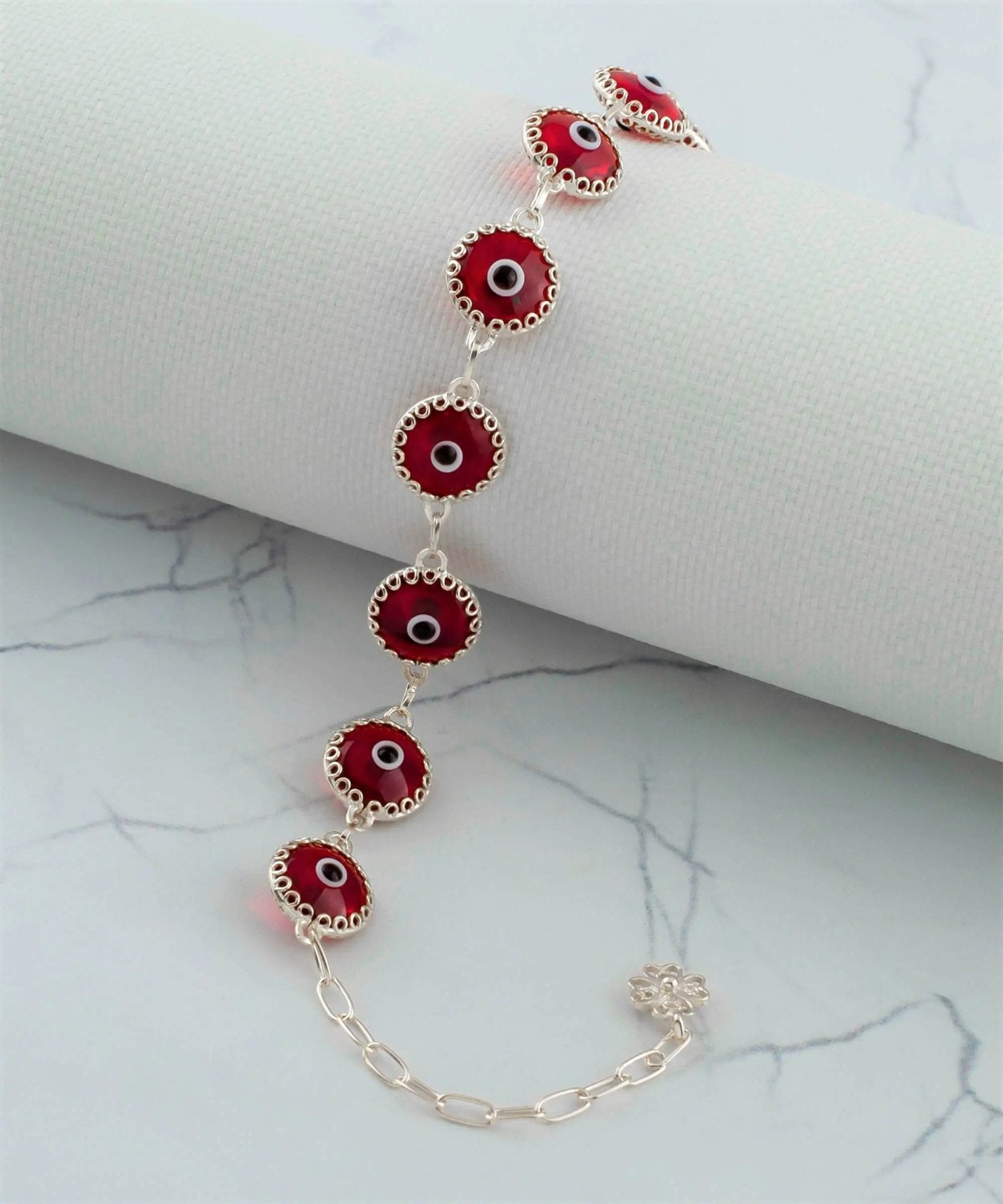 Red Evil Eye Sterling Silver Woman Adjustable Link Bracelet - Drakoi Marketplace