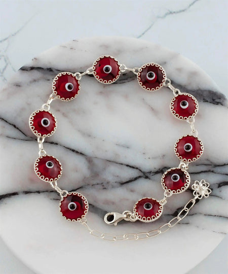 Red Evil Eye Sterling Silver Woman Adjustable Link Bracelet - Drakoi Marketplace