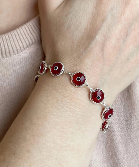 Red Evil Eye Sterling Silver Woman Adjustable Link Bracelet - Drakoi Marketplace