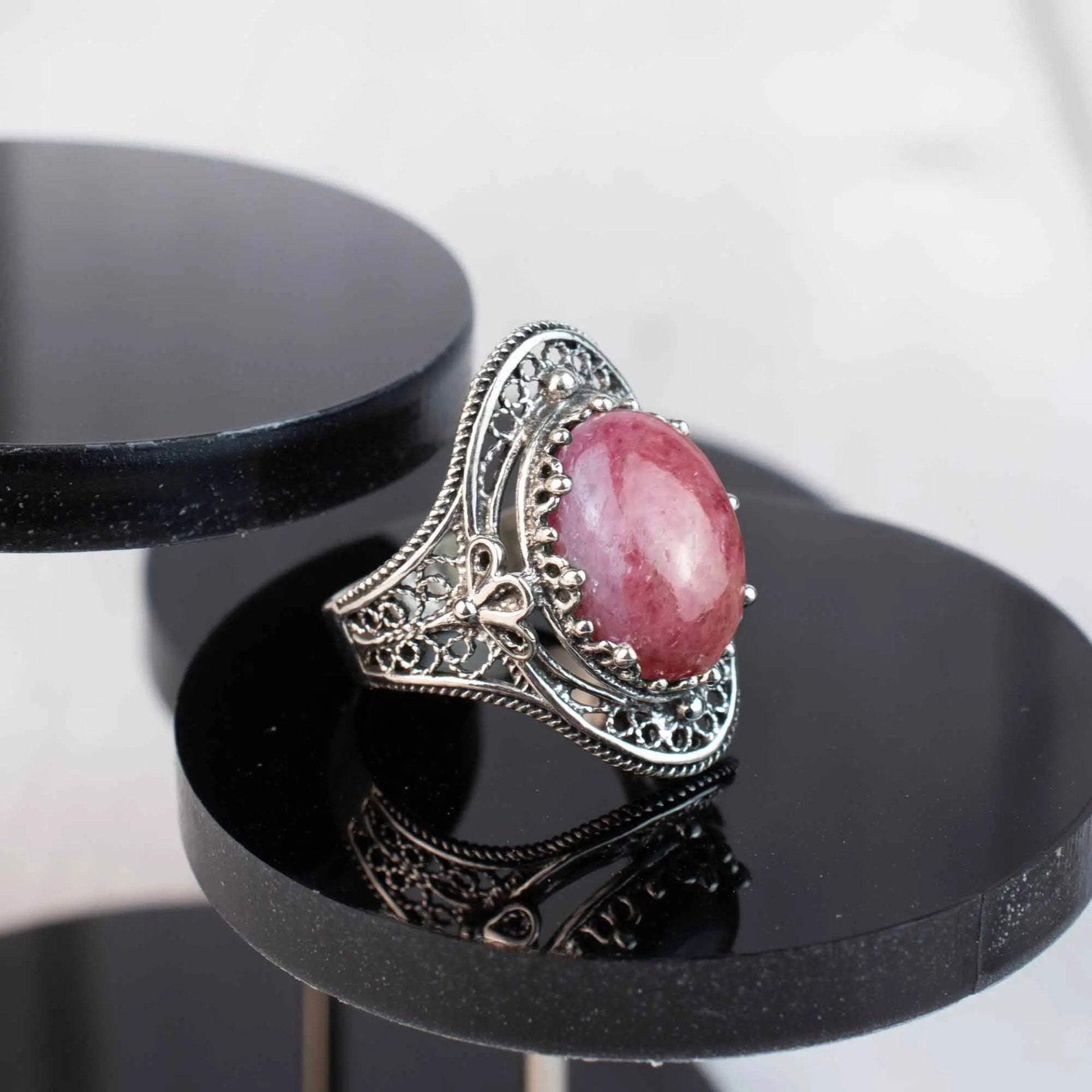 Rhodonite Gemstone Filigree Art Woman Silver Statement Ring - Drakoi Marketplace