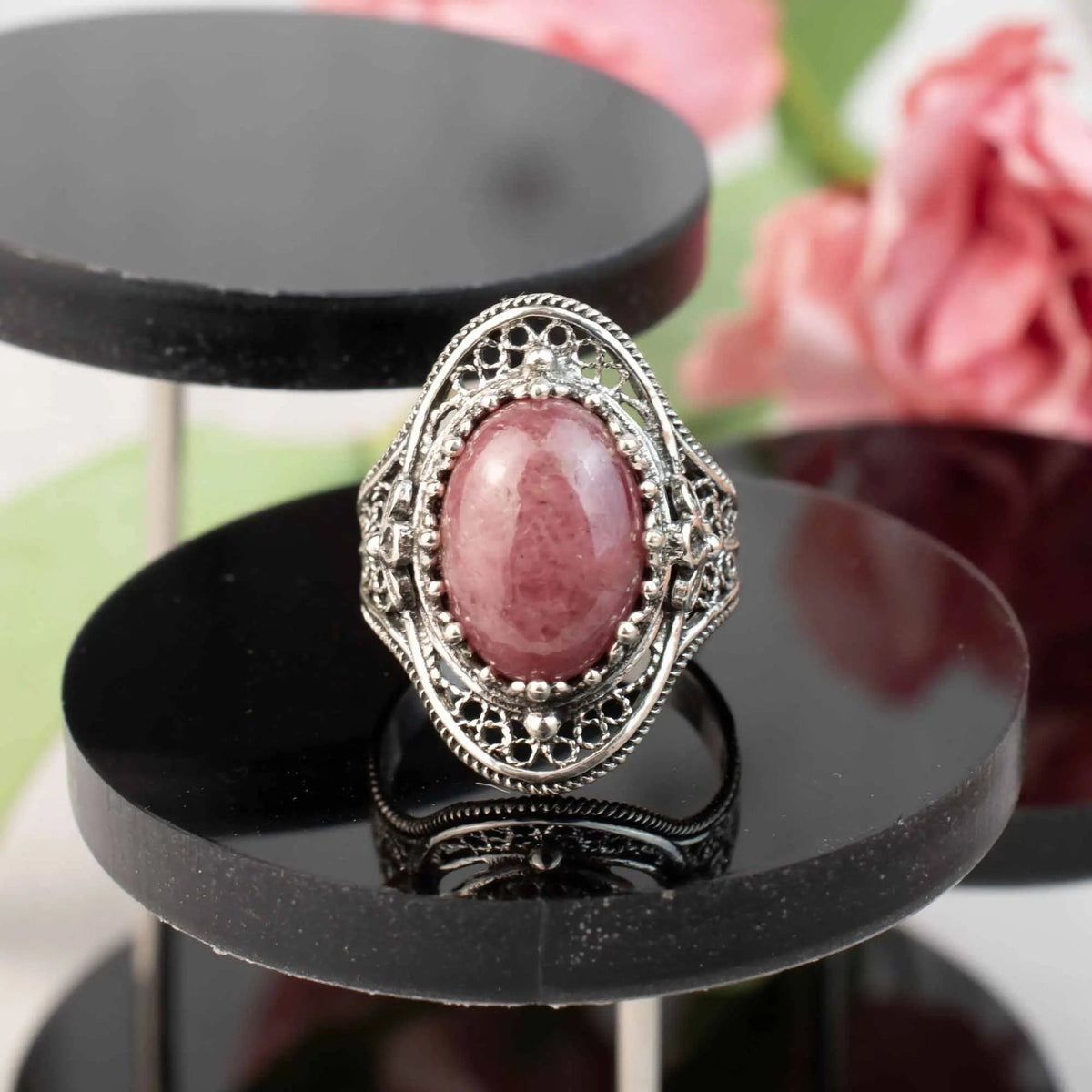 Rhodonite Gemstone Filigree Art Woman Silver Statement Ring - Drakoi Marketplace