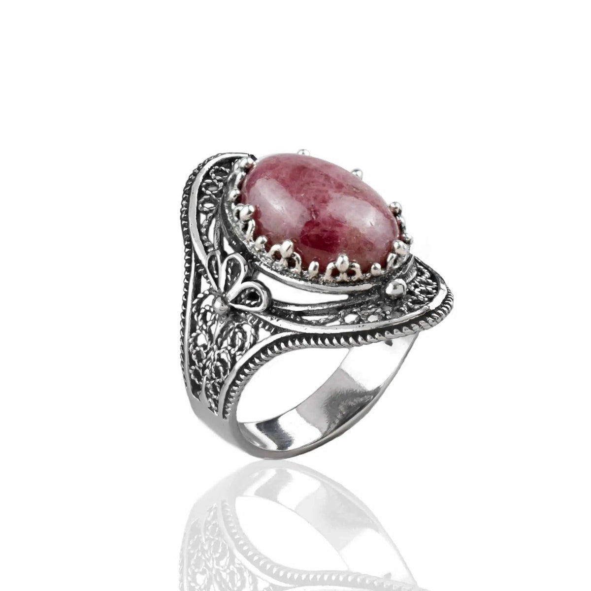 Rhodonite Gemstone Filigree Art Woman Silver Statement Ring - Drakoi Marketplace