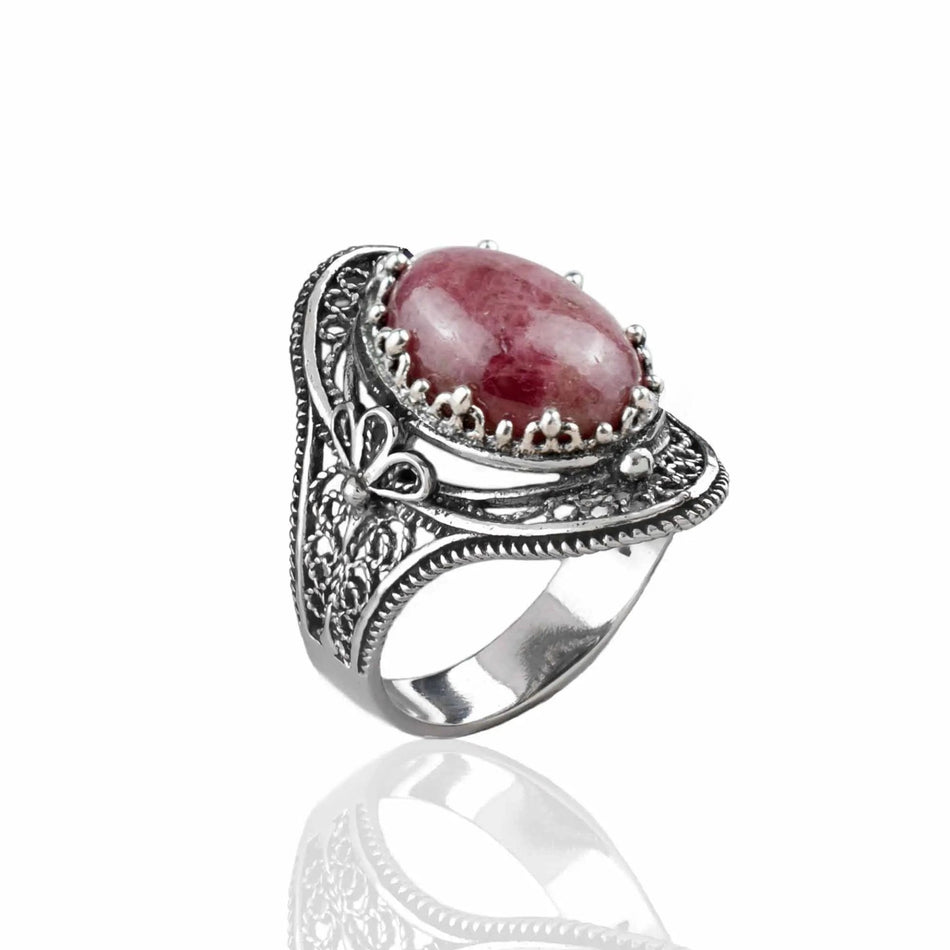 Rhodonite Gemstone Filigree Art Woman Silver Statement Ring - Drakoi Marketplace