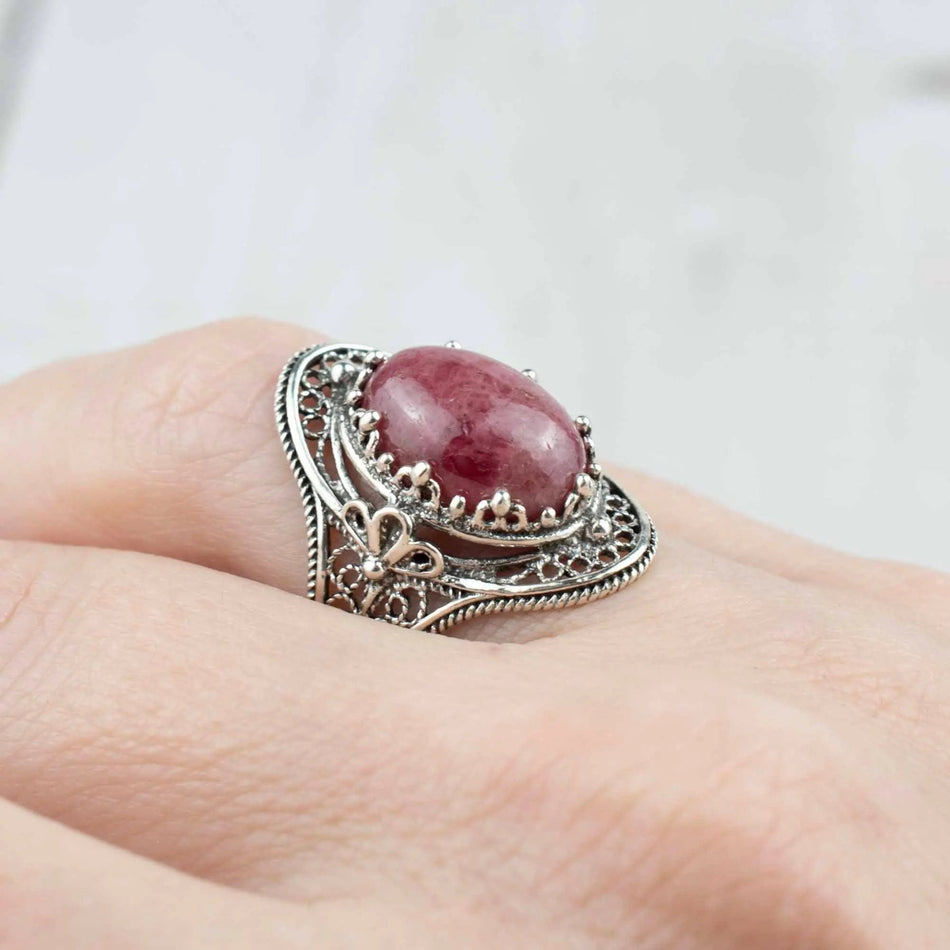 Rhodonite Gemstone Filigree Art Woman Silver Statement Ring - Drakoi Marketplace