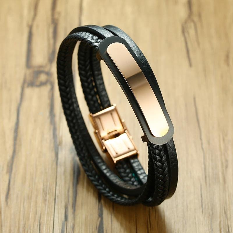 Rose Gold Stainless Steel ID Leather Bracelet - Drakoi Marketplace