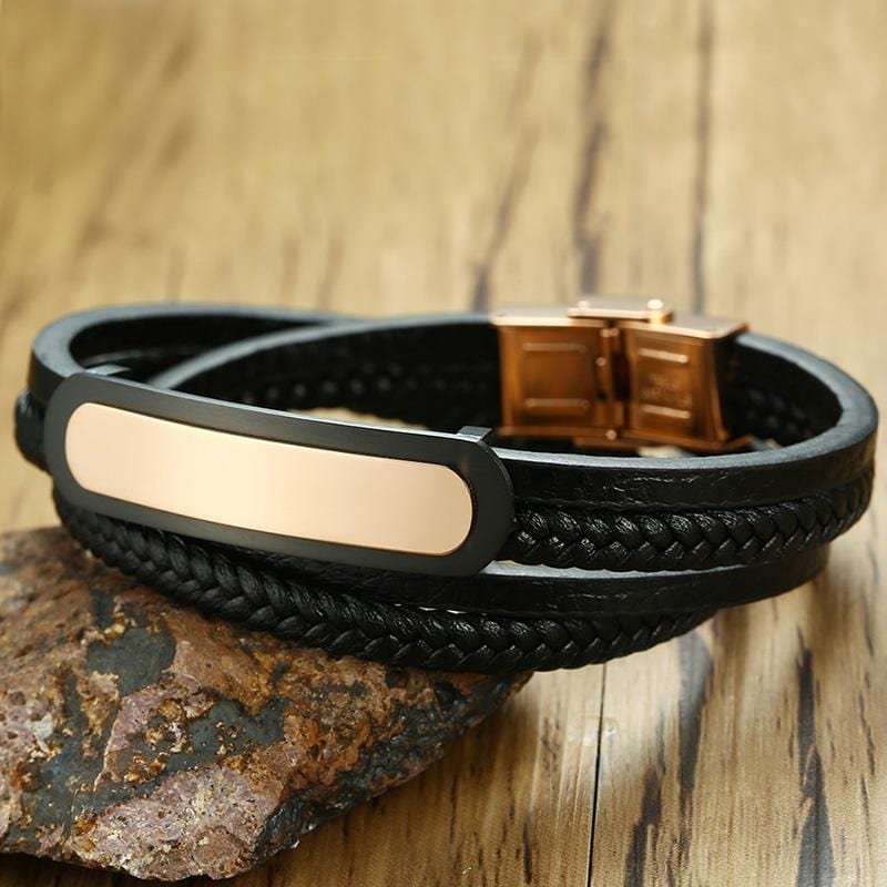 Rose Gold Stainless Steel ID Leather Bracelet - Drakoi Marketplace