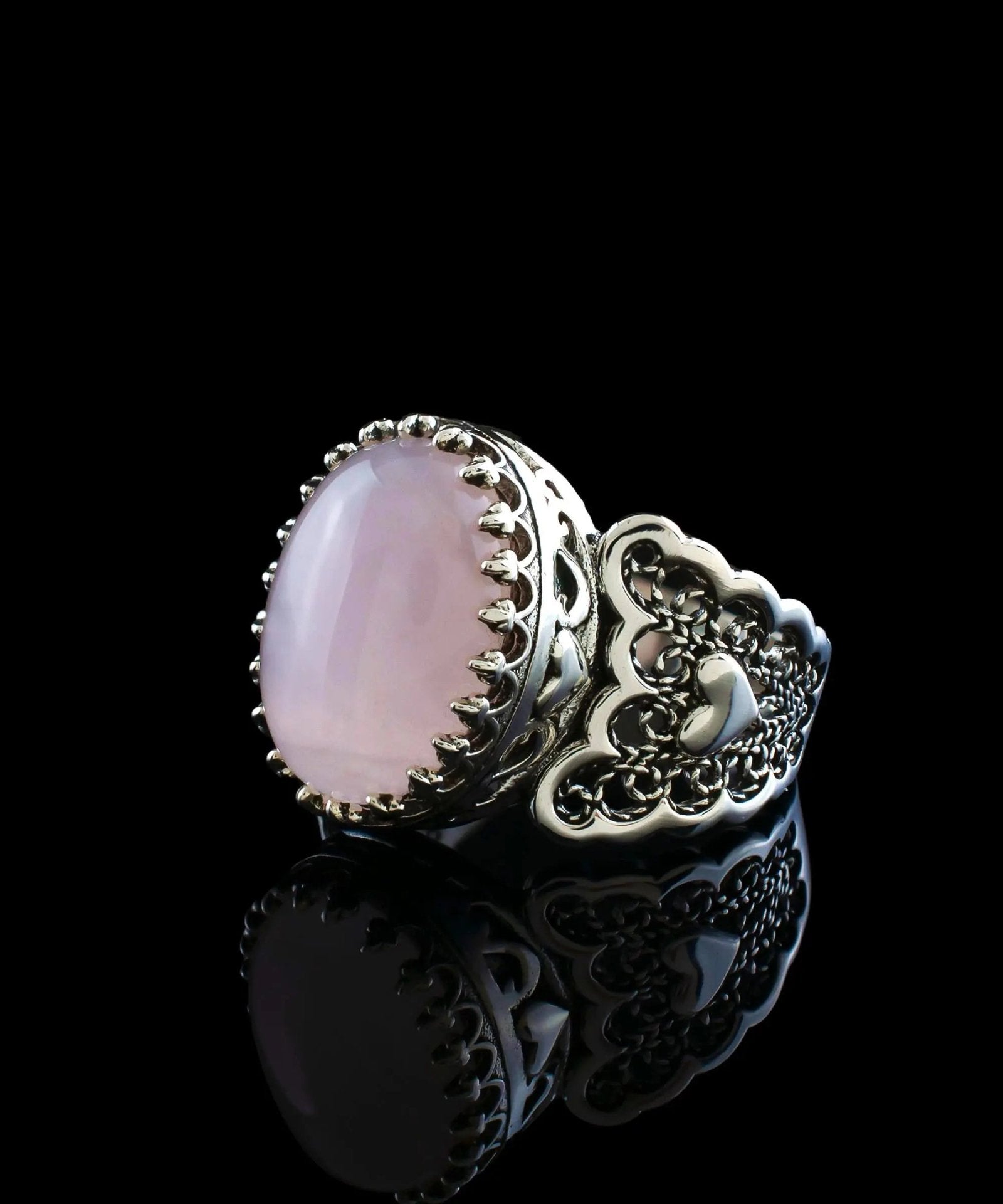 Rose Quartz Gemstone Double Heart Detailed Filigree Art 925 Sterling Silver Women Statement Ring - Drakoi Marketplace