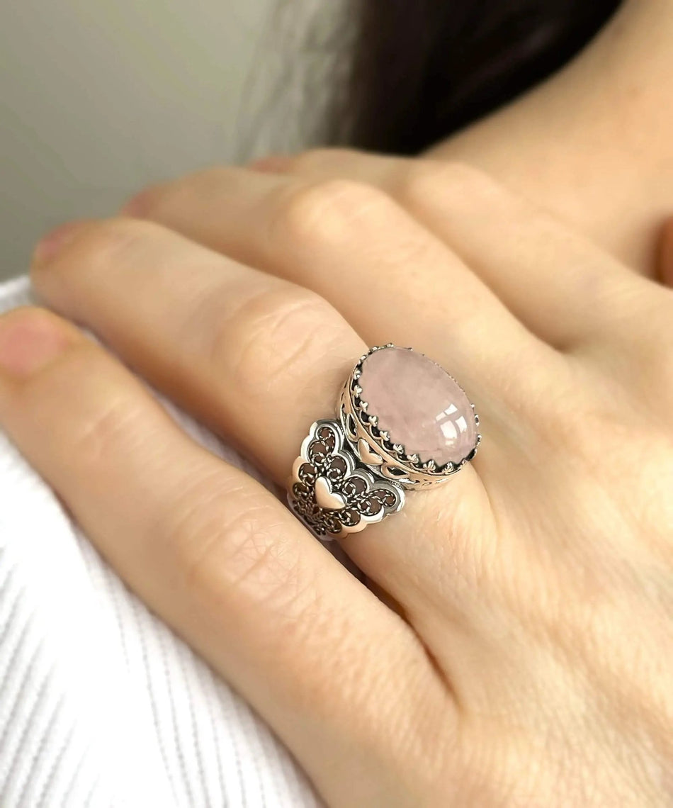 Rose Quartz Gemstone Double Heart Detailed Filigree Art 925 Sterling Silver Women Statement Ring - Drakoi Marketplace