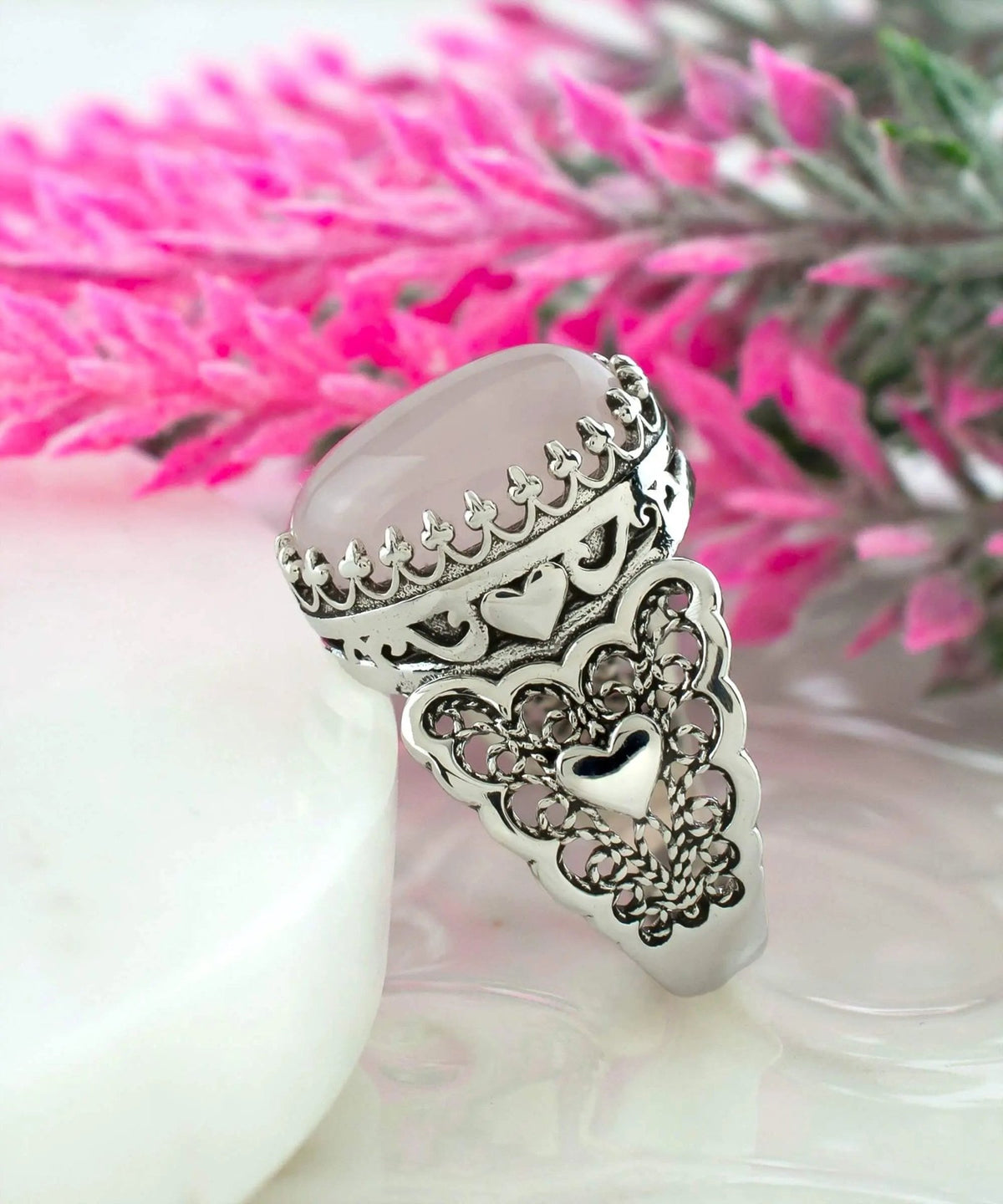 Rose Quartz Gemstone Double Heart Detailed Filigree Art 925 Sterling Silver Women Statement Ring - Drakoi Marketplace