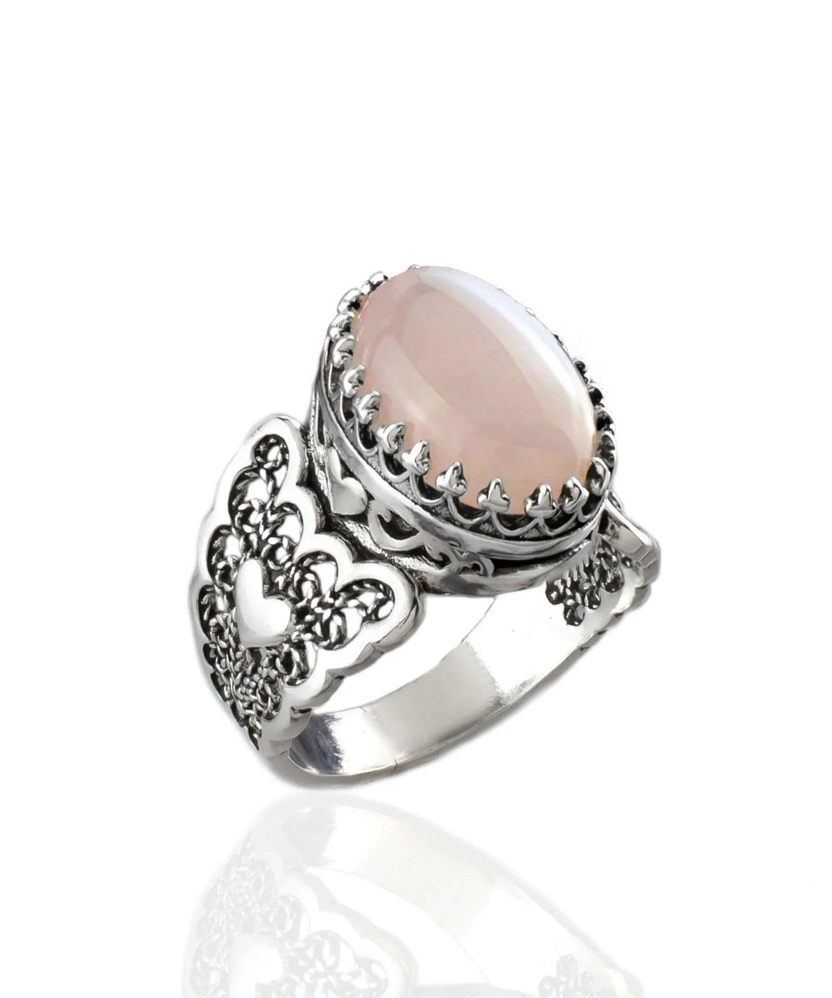 Rose Quartz Gemstone Double Heart Detailed Filigree Art 925 Sterling Silver Women Statement Ring - Drakoi Marketplace