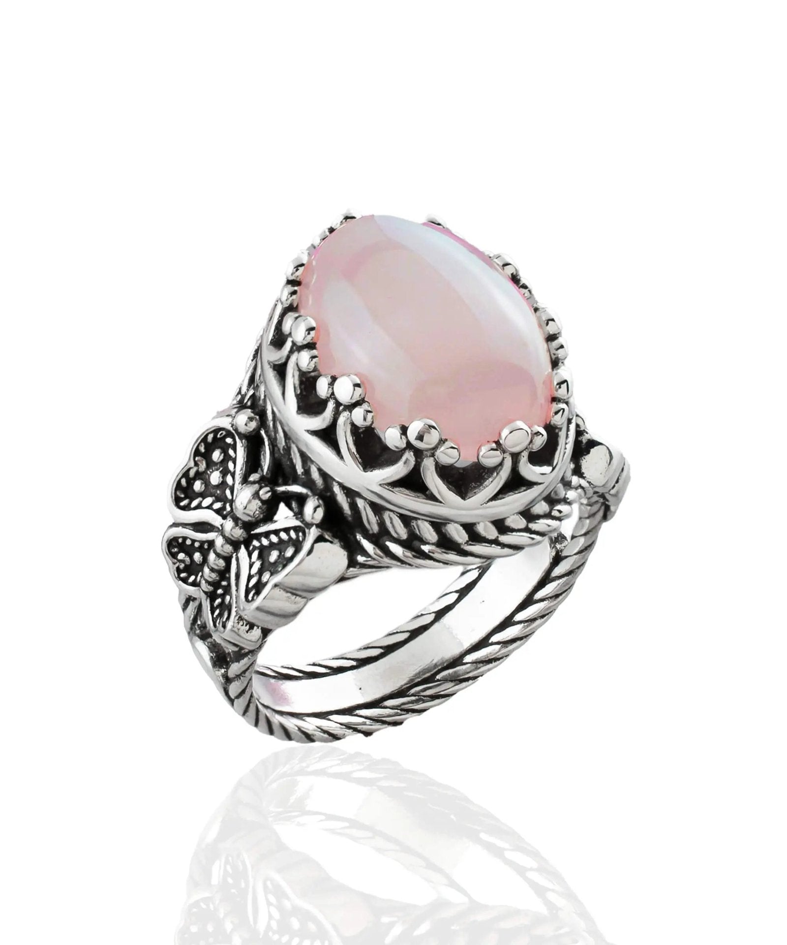 Rose Quartz Gemstone Filigree Art Double Butterfly Detailed Women Silver Statement Ring - Drakoi Marketplace