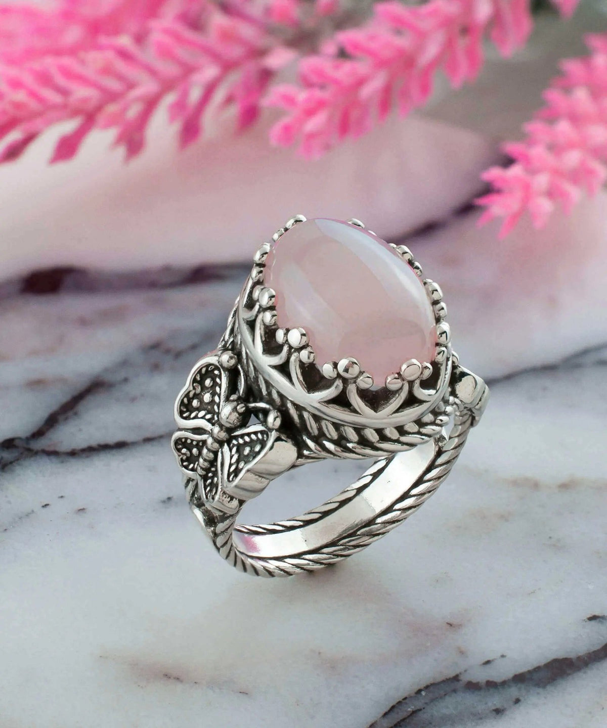 Rose Quartz Gemstone Filigree Art Double Butterfly Detailed Women Silver Statement Ring - Drakoi Marketplace