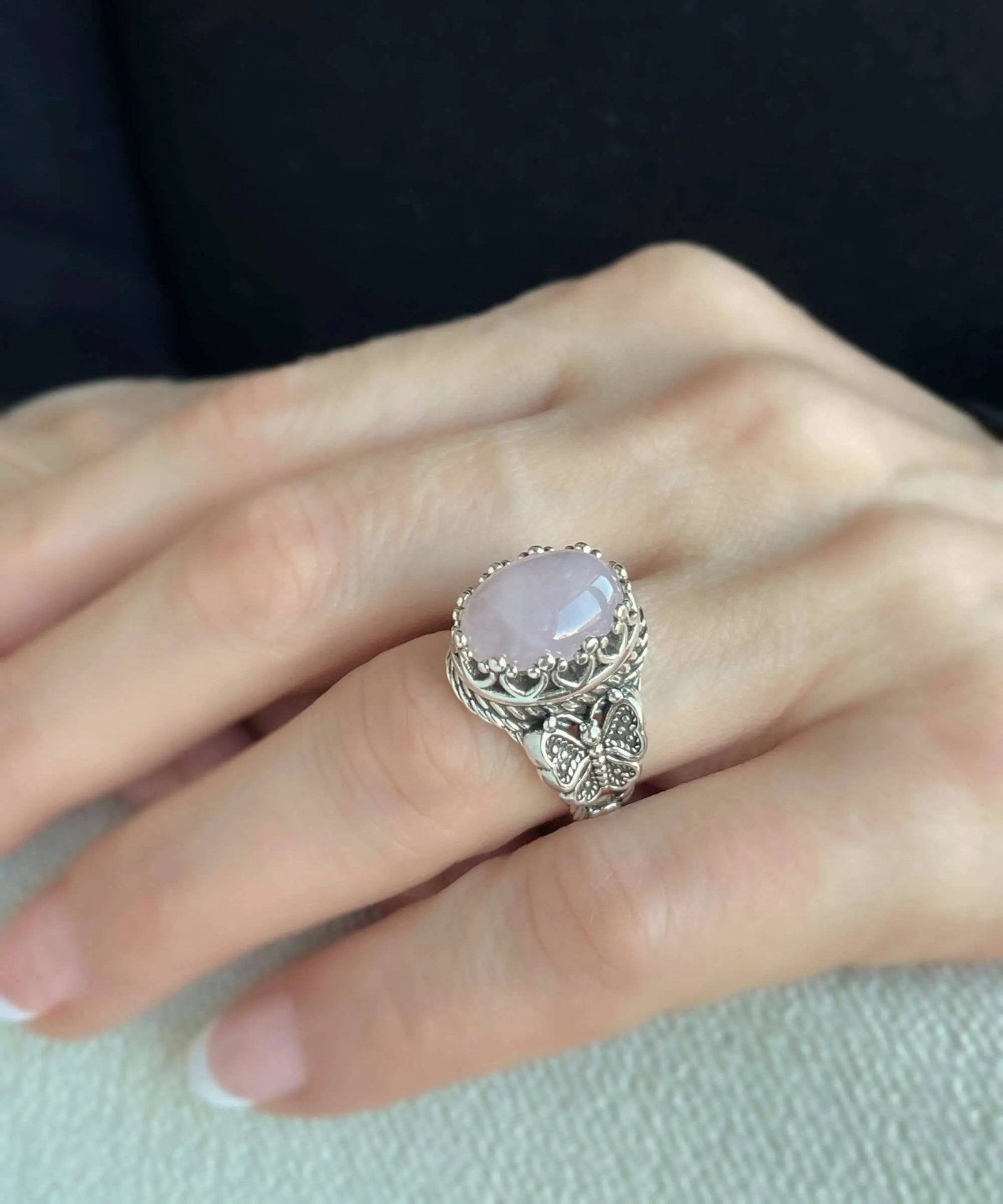 Rose Quartz Gemstone Filigree Art Double Butterfly Detailed Women Silver Statement Ring - Drakoi Marketplace