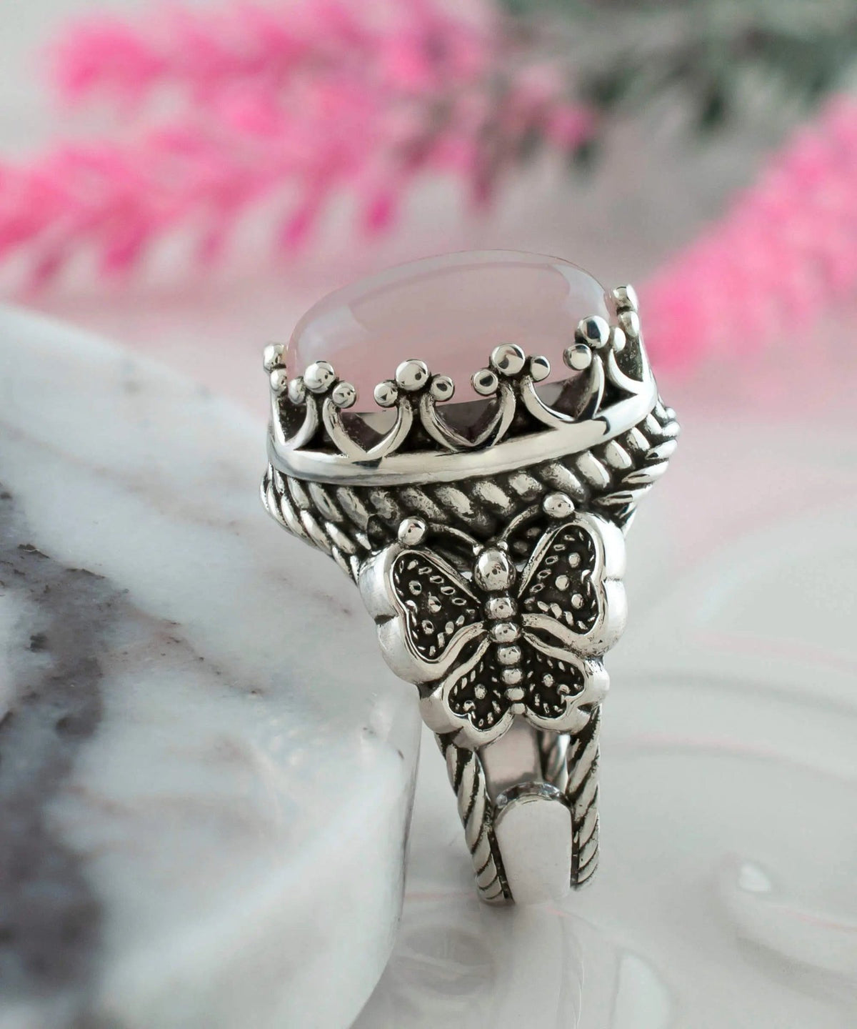 Rose Quartz Gemstone Filigree Art Double Butterfly Detailed Women Silver Statement Ring - Drakoi Marketplace