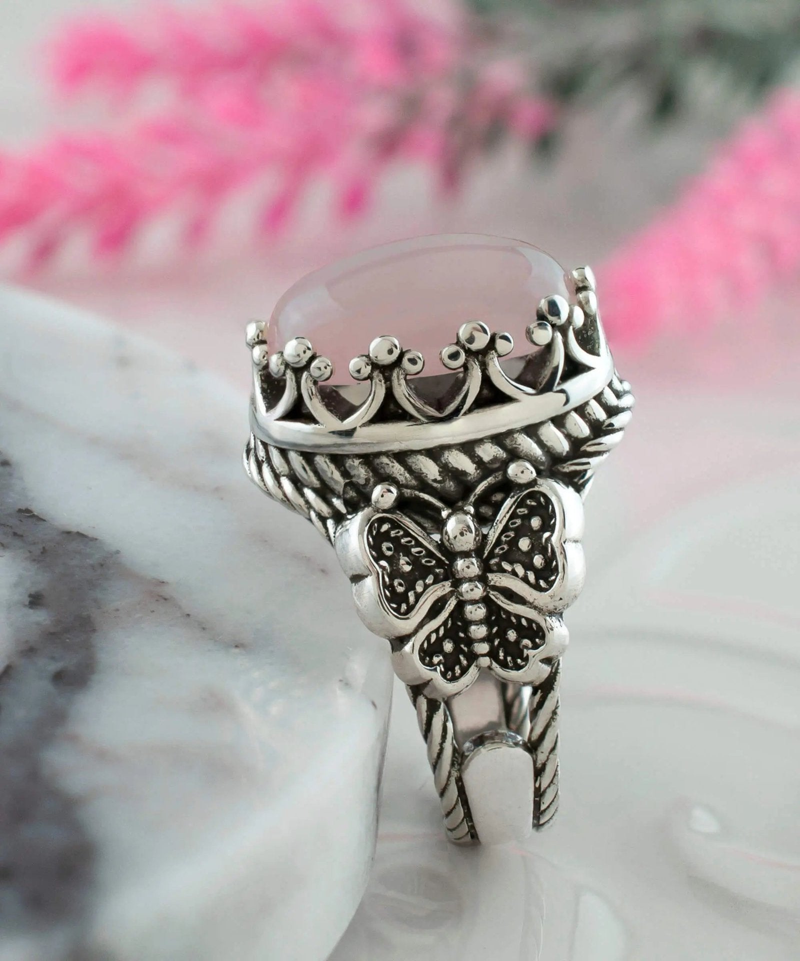 Rose Quartz Gemstone Filigree Art Double Butterfly Detailed Women Silver Statement Ring - Drakoi Marketplace