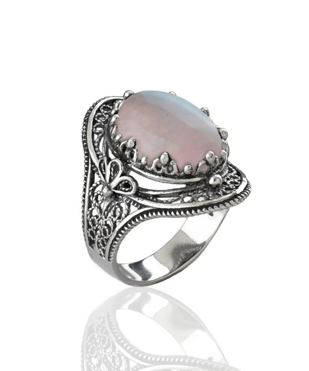 Rose Quartz Gemstone Filigree Art Woman Silver Statement Ring - Drakoi Marketplace