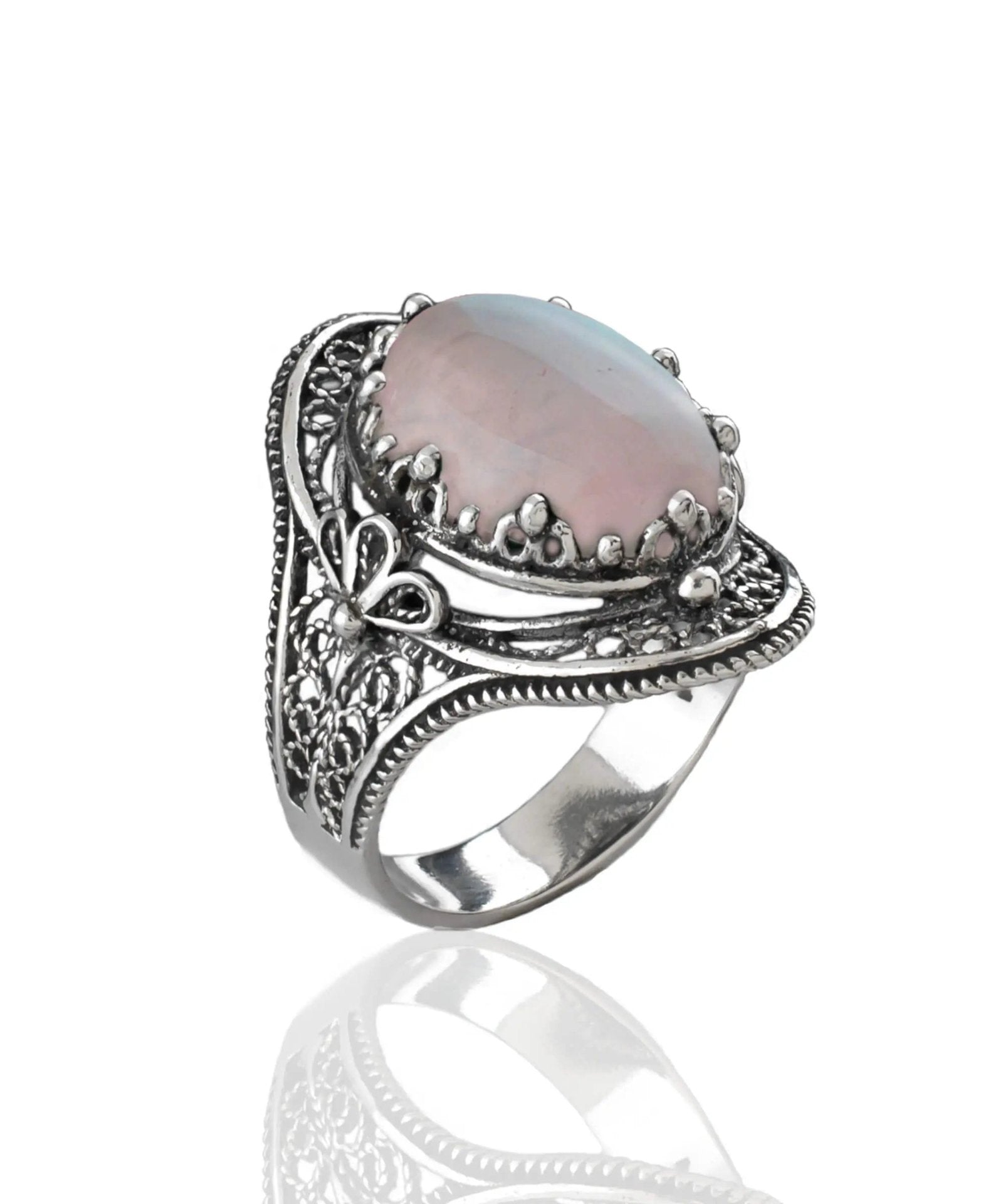 Rose Quartz Gemstone Filigree Art Woman Silver Statement Ring - Drakoi Marketplace