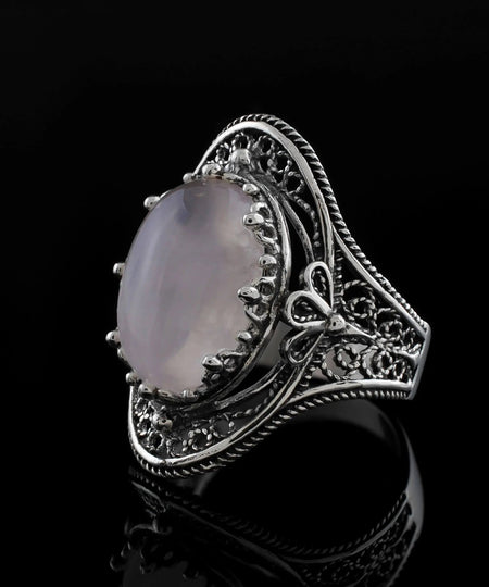 Rose Quartz Gemstone Filigree Art Woman Silver Statement Ring - Drakoi Marketplace