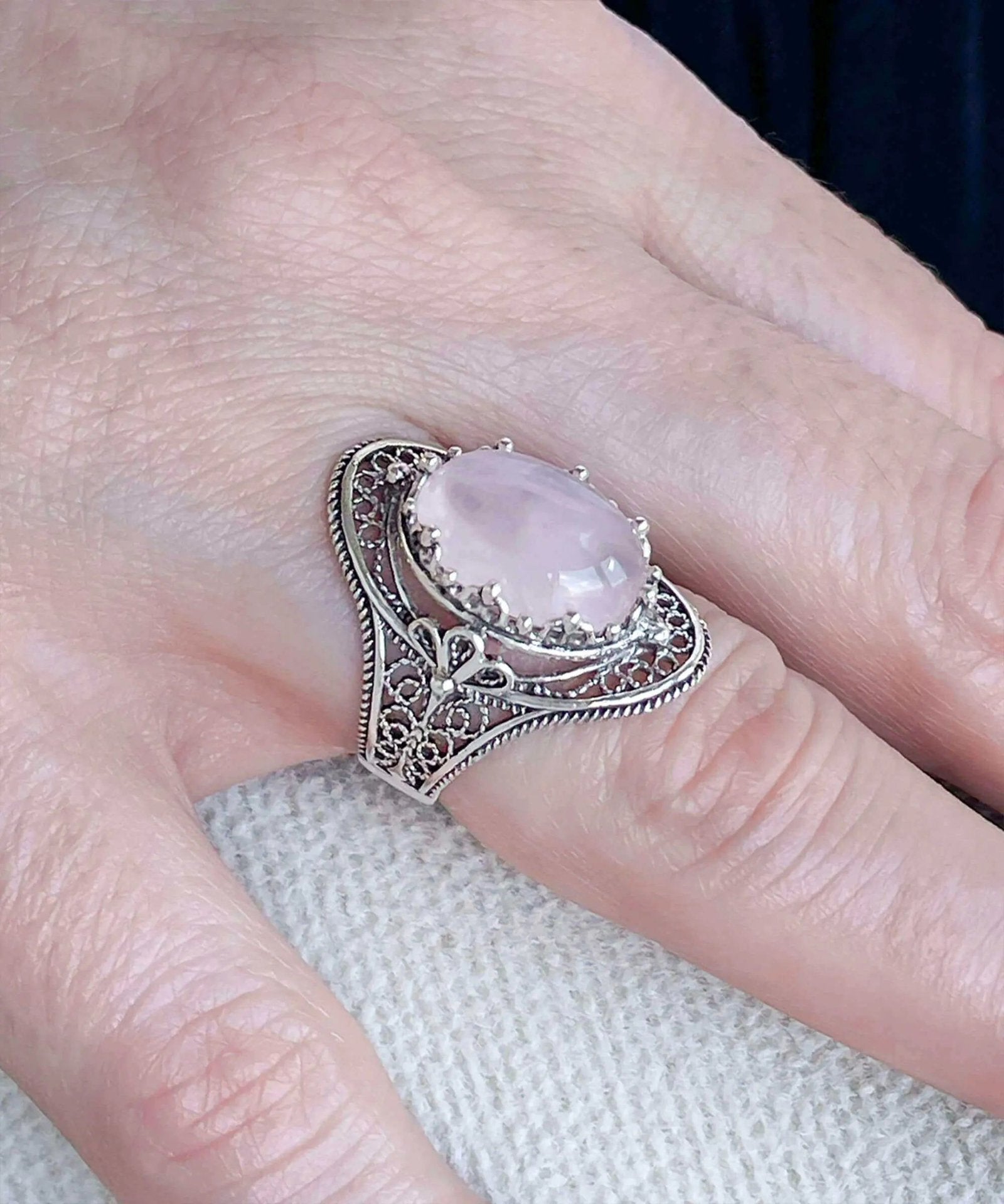 Rose Quartz Gemstone Filigree Art Woman Silver Statement Ring - Drakoi Marketplace