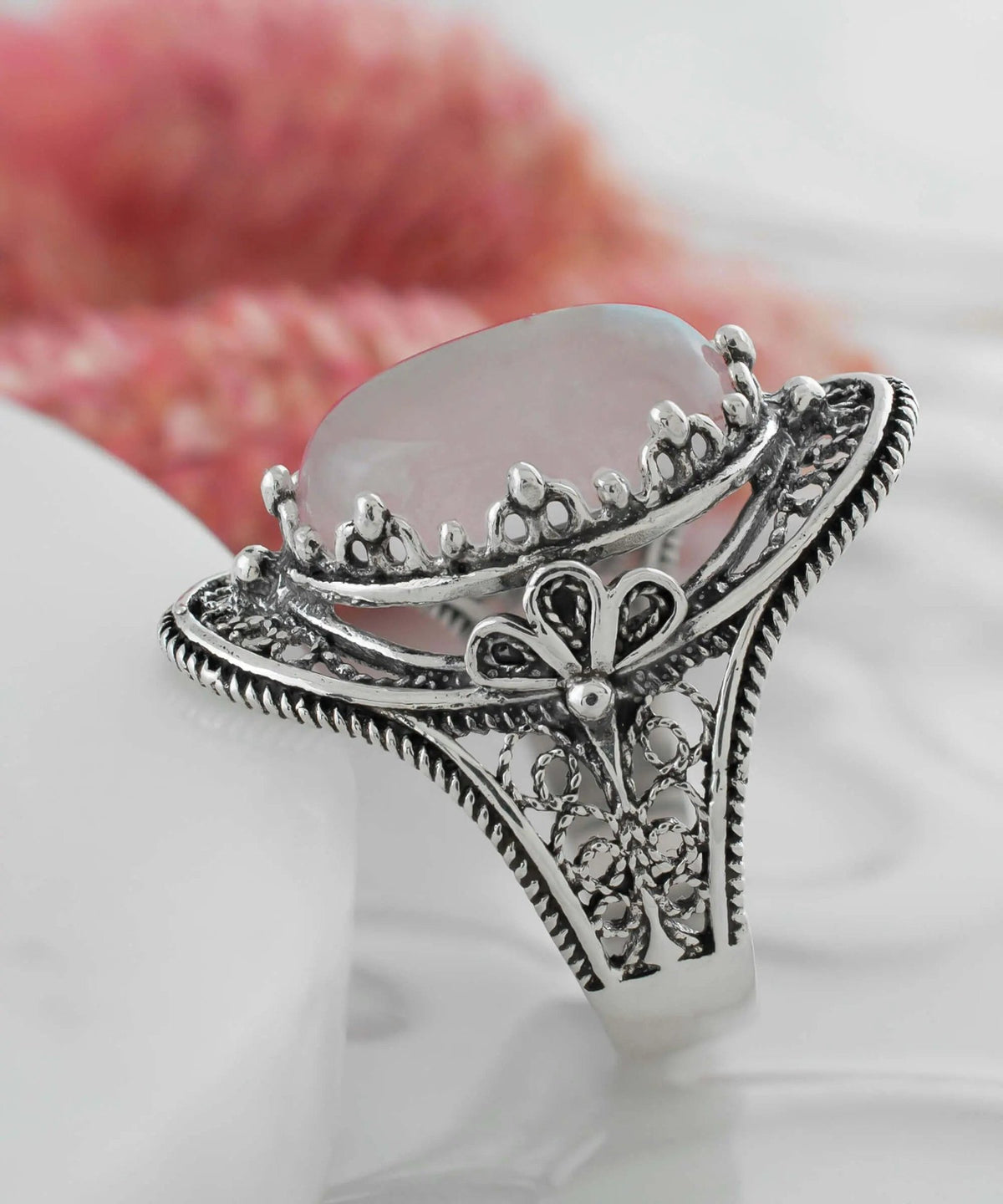 Rose Quartz Gemstone Filigree Art Woman Silver Statement Ring - Drakoi Marketplace