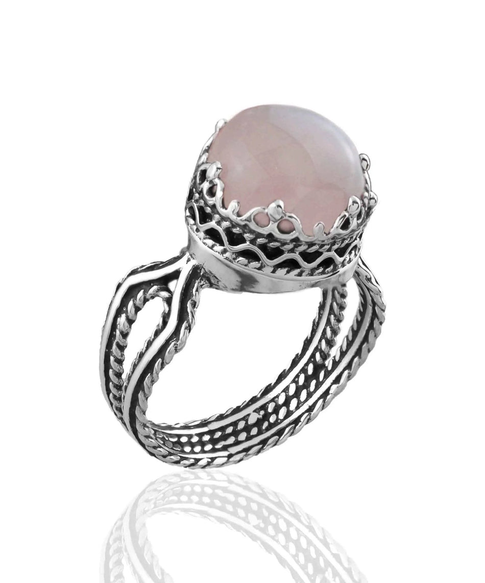 Rose Quartz Gemstone Filigree Art Women Sterling Silver Cocktail Ring - Drakoi Marketplace