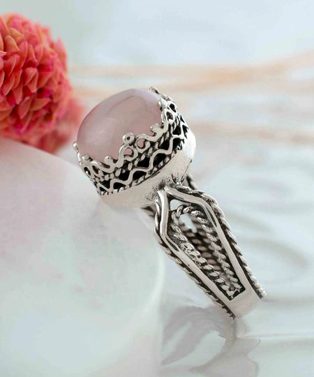 Rose Quartz Gemstone Filigree Art Women Sterling Silver Cocktail Ring - Drakoi Marketplace