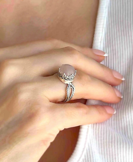 Rose Quartz Gemstone Filigree Art Women Sterling Silver Cocktail Ring - Drakoi Marketplace