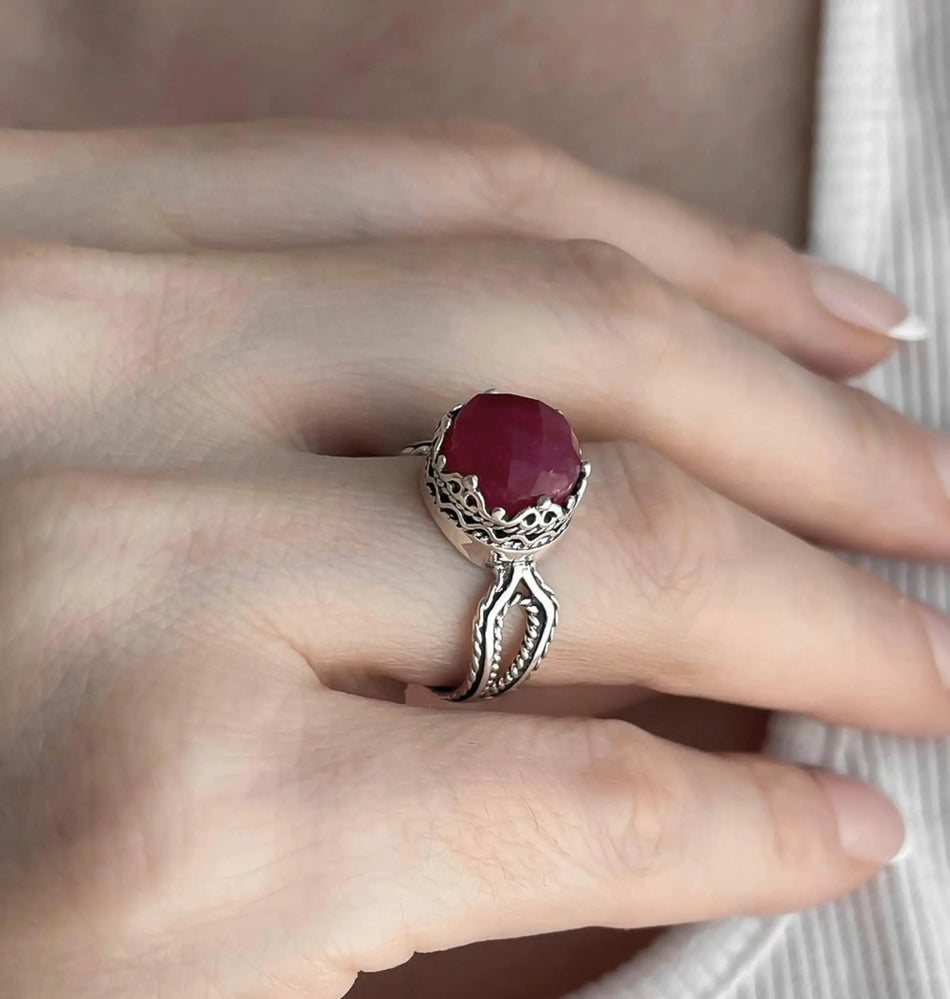 Ruby Corundum Gemstone Filigree Art Women Sterling Silver Cocktail Ring - Drakoi Marketplace