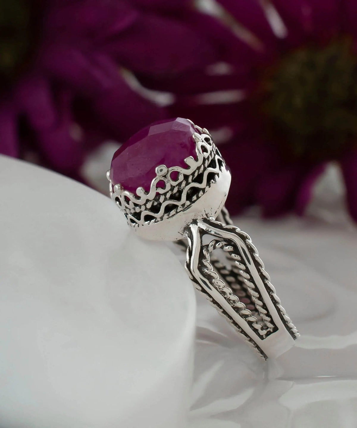 Ruby Corundum Gemstone Filigree Art Women Sterling Silver Cocktail Ring - Drakoi Marketplace