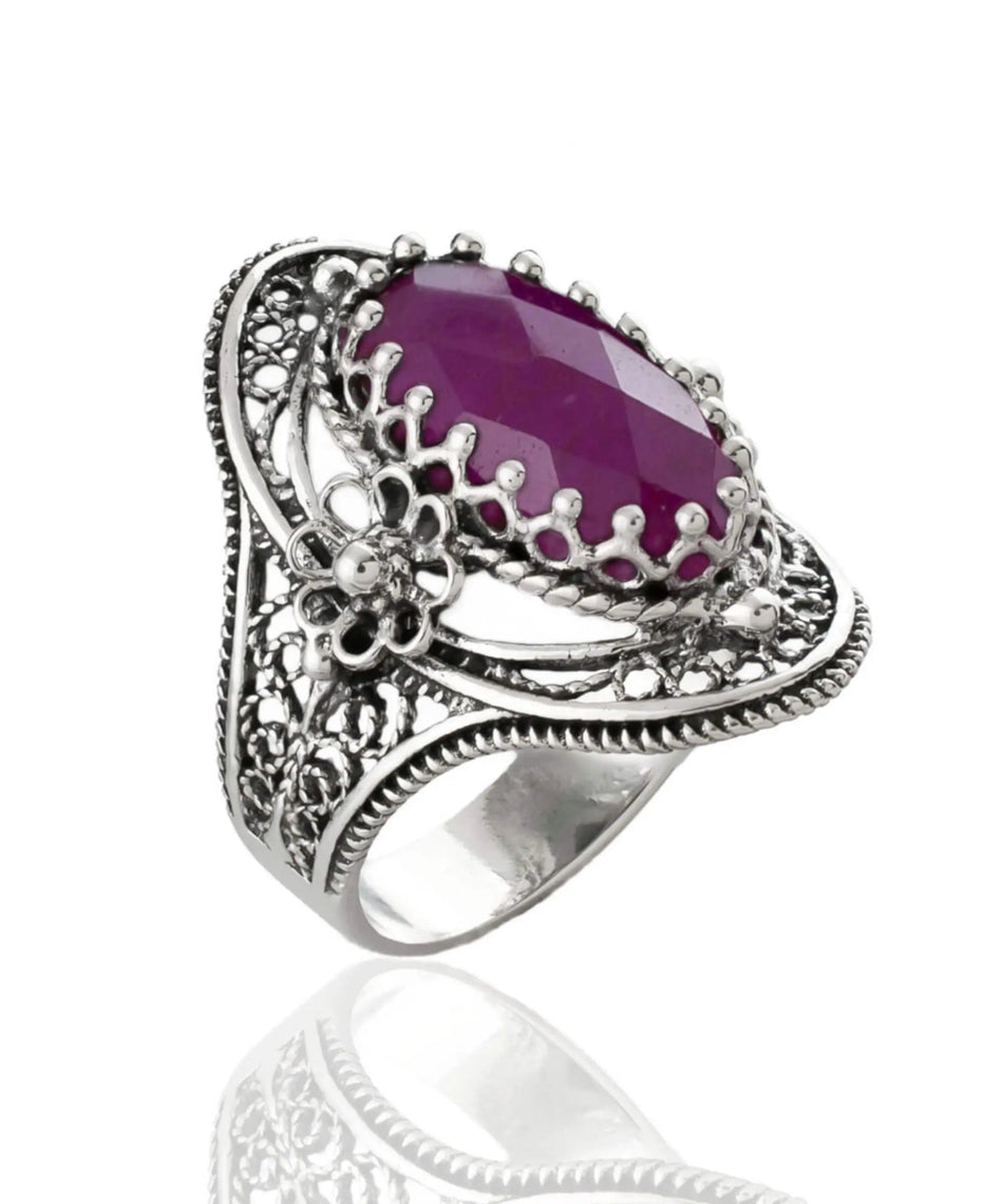 Ruby Corundum Gemstone Sterling Silver Women Statement Ring with Daisy Figures - Drakoi Marketplace