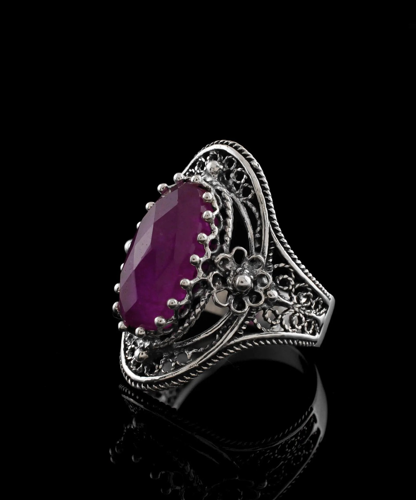 Ruby Corundum Gemstone Sterling Silver Women Statement Ring with Daisy Figures - Drakoi Marketplace