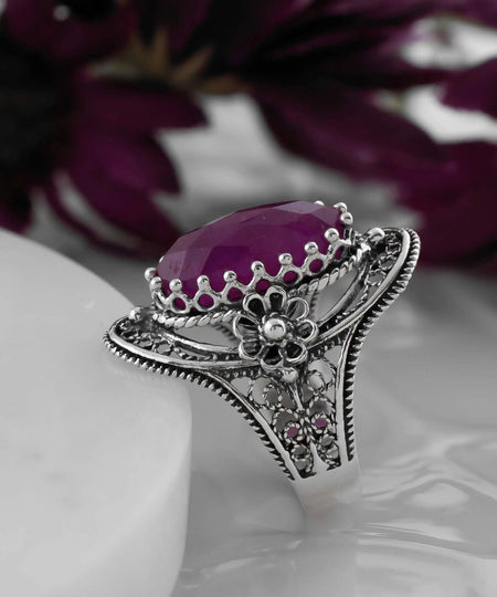 Ruby Corundum Gemstone Sterling Silver Women Statement Ring with Daisy Figures - Drakoi Marketplace