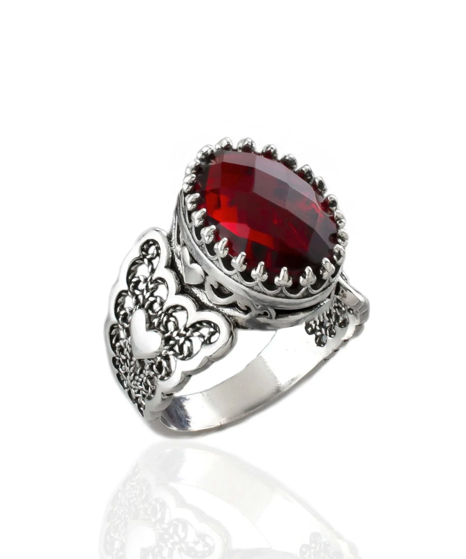 Ruby Quartz Gemstone Double Heart Detailed Filigree Art 925 Sterling Silver Women Statement Ring - Drakoi Marketplace