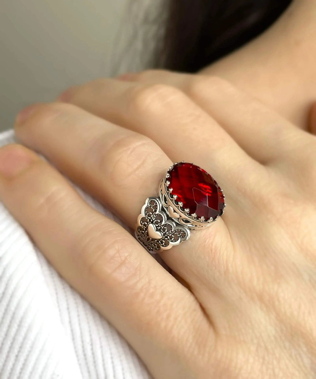 Ruby Quartz Gemstone Double Heart Detailed Filigree Art 925 Sterling Silver Women Statement Ring - Drakoi Marketplace