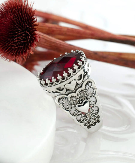 Ruby Quartz Gemstone Double Heart Detailed Filigree Art 925 Sterling Silver Women Statement Ring - Drakoi Marketplace