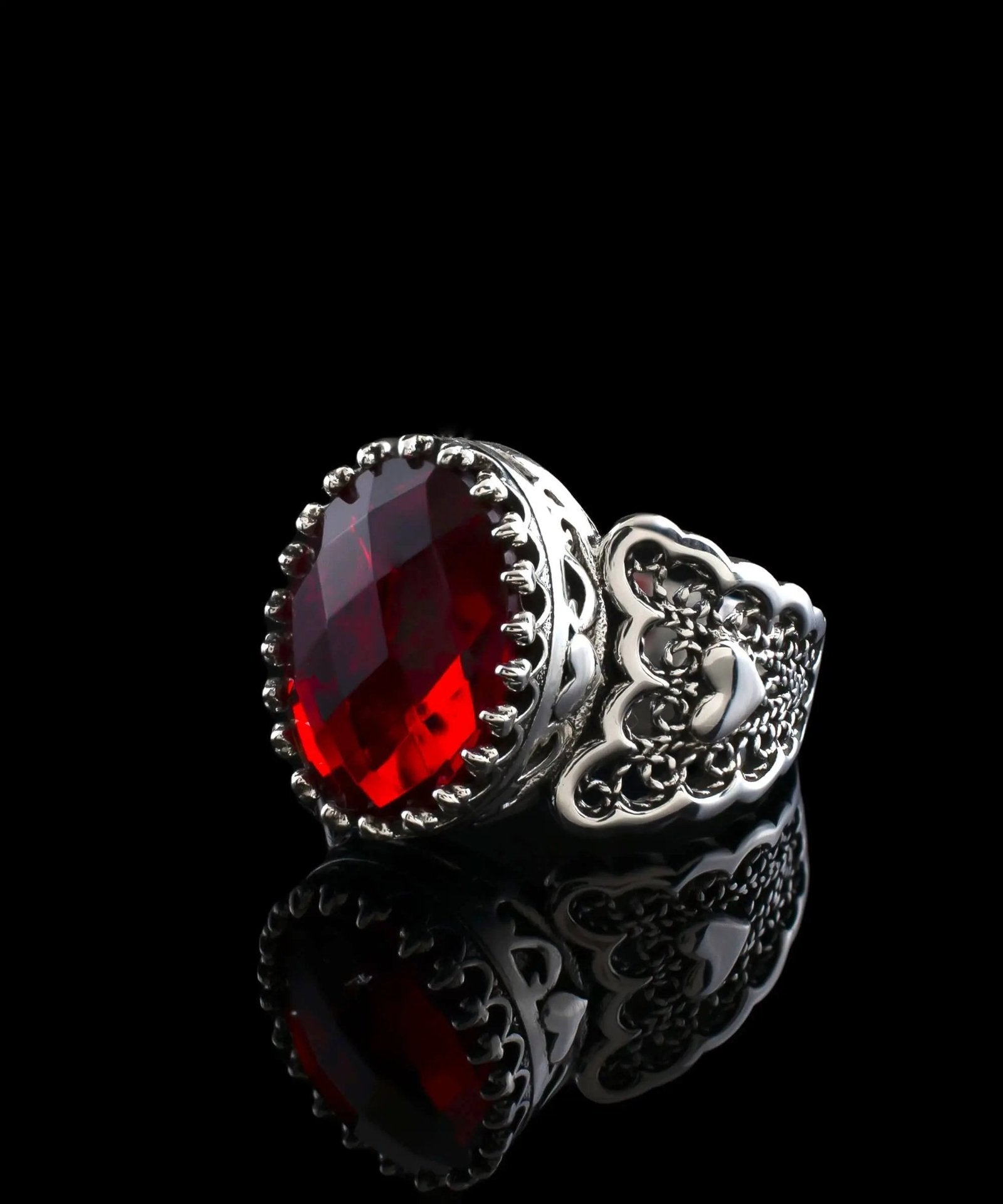 Ruby Quartz Gemstone Double Heart Detailed Filigree Art 925 Sterling Silver Women Statement Ring - Drakoi Marketplace