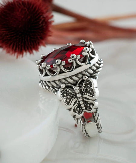 Ruby Quartz Gemstone Filigree Art Double Butterfly Detailed Women Silver Statement Ring - Drakoi Marketplace