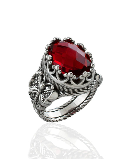 Ruby Quartz Gemstone Filigree Art Double Butterfly Detailed Women Silver Statement Ring - Drakoi Marketplace